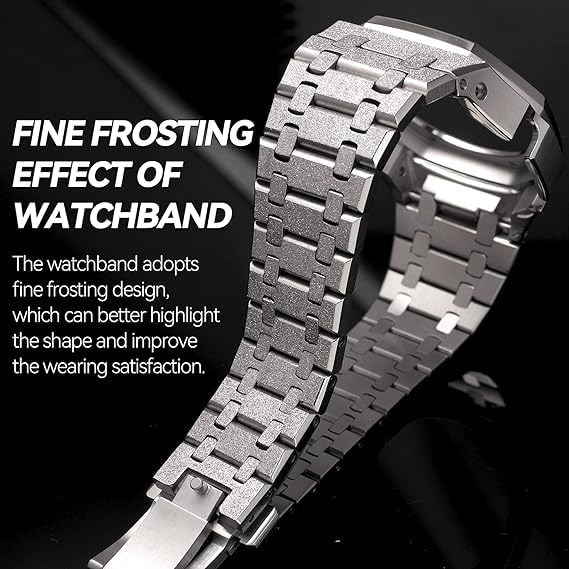 BMT GA2100 Watch Band Case Mod Kit, Stainless Steel Strap Bezel Replacement Accessories Frosted Surface Compatible with Men's Watches G-Shock GA-2100/GA-2110/GA-B2100 Frost Silver