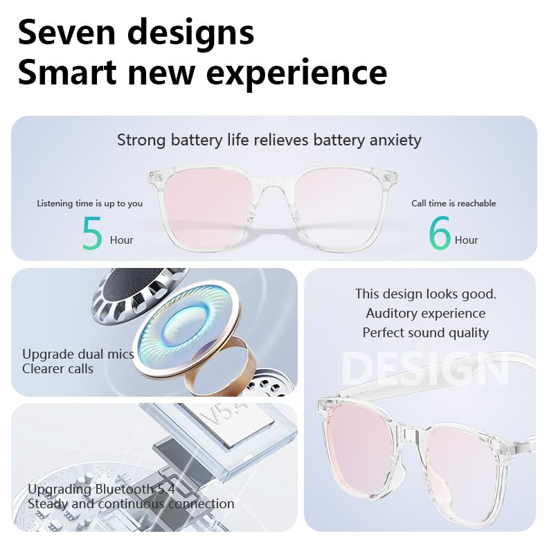 Smart Bluetooth Audio Sunglasses, Open Ear Wireless Headphones & Polarized Tinted Glasses in Pink, Anti-Glare Fashion Eyewear for Driving, Cycling, Music Festivals, Men & Women (Pink)