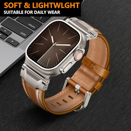 Leather Bands Compatible with Apple Watch Ultra 3/2/1 Band 49/46/45/44/42mm Men, Genuine Leather Metal Connector Strap for iWatch Ultra Series 11/10/9/8/7/SE/6/5/4,Dark Brown/Black+Brown/Titanium