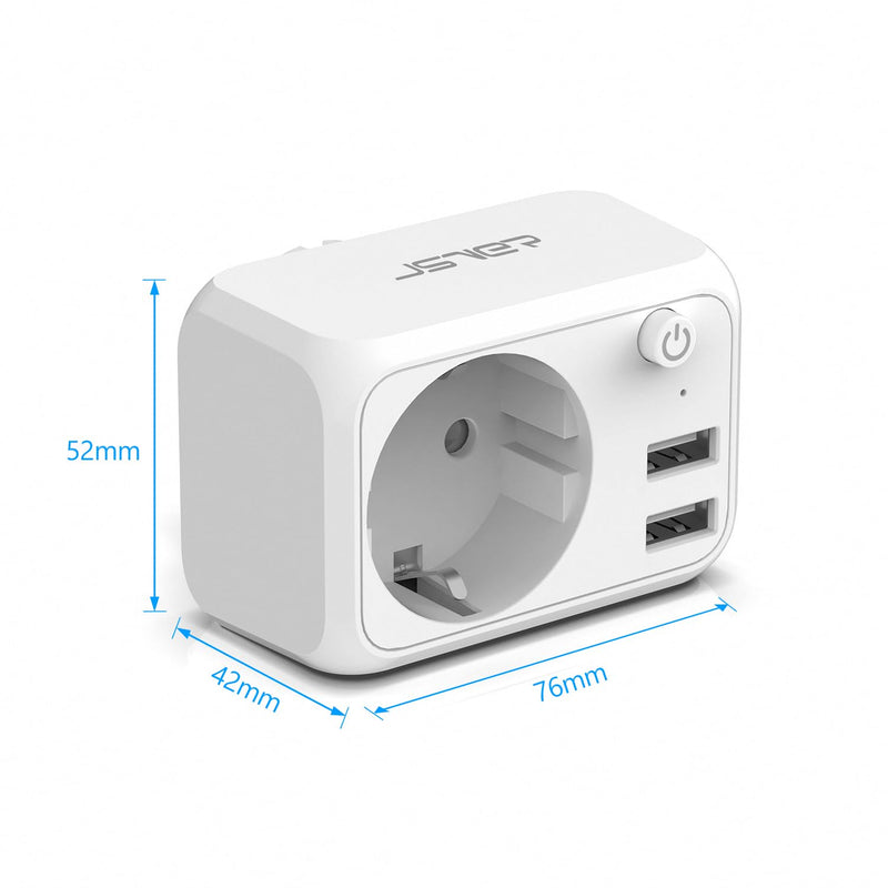 JSVER USB Socket 4000 W with 2 USB Ports, Socket Adapter USB Adapter Socket Schuko Plug with USB Charger, Charging Plug USB with Switch for Phone and Household Appliances, White