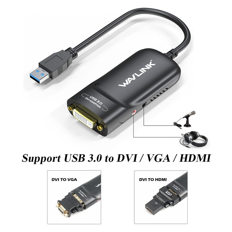 Wavlink USB 3.0 to HDMI/DVI/VGA Universal Video Graphics Adapter with Audio Port Supports up to 6 Monitor displays, 2048x1152 External Video Card Adapter Support Windows & Chrome OS USB to HDMI/DVI/VGA