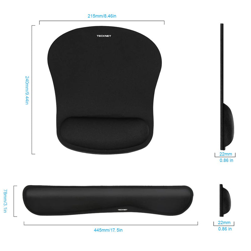 TECKNET Keyboard Wrist Rest and Mouse Pad with Wrist Support, Memory Foam Set for Computer/Laptop/Mac, Lightweight for Easy Typing & Pain Relief Ergonomic Mousepad (Black) Black