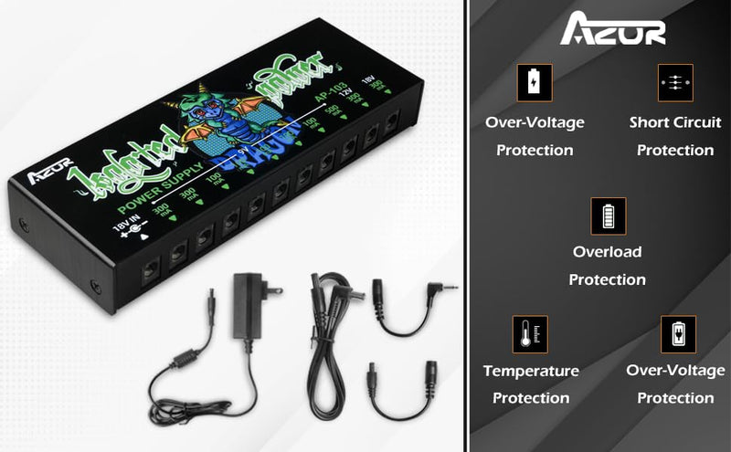 AZOR AP-103 Guitar Pedal Power Supply, True Isolated Pedalboard Power Supply with 10 Totally Isolated DC 9V/12V/18V Outputs(100mA/300mA/500mA), Noiselessly - Reliable Guitar Pedal Board Power Supply