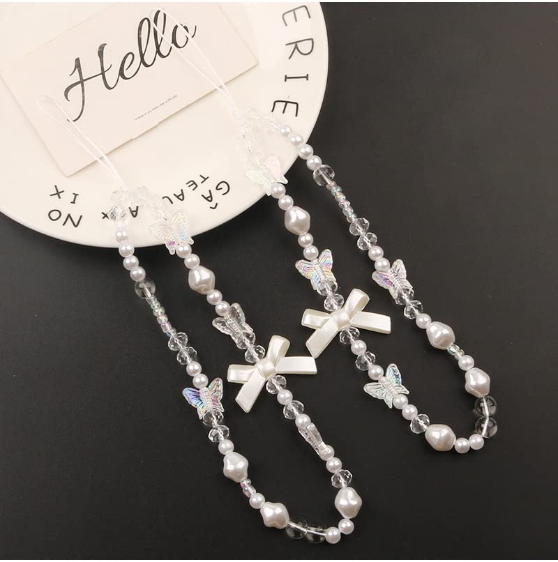 Cute Cell Phone Charms, Creative Bows Pearl Beaded Phone Lanyard Wrist Strap, Beaded Phone Strap Charms Anti-Lost Chain Keyring Charms Camera Wallet Decoration Pendant, Style 1… Style 2