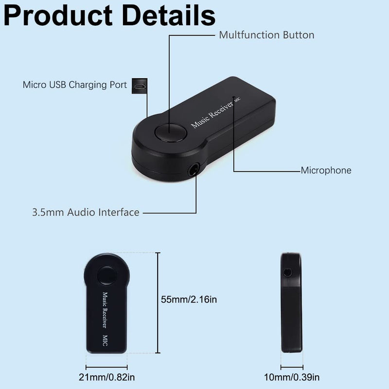 SKYBESS Bluetooth Receiver Portable 3.5mm Aux Bluetooth Audio Adapter for Car/Home Sound System/Wired Headphones/Speaker, Wireless Audio Receiver for Music Streaming/Hands-Free Calls, Built-in Mic