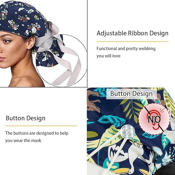 [AUSTRALIA] - 6 x Women's Surgical Caps with Satin Lining, Adjustable Fabric with Button, Ponytail Work Cap with Sweatband Hoods, Cotton Print Surgical, Chef's Hat, Dust Cap, One Size, multicoloured 
