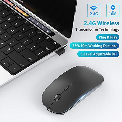 OKIMO Rechargeable Wireless Mouse, 2.4Ghz Silent Computer Office Portable Slim Optical Mouse with USB Receiver Type-C, 3-Level Adjustable DPI for Laptop, Computer, MacBook, Notebook, PC (Black)