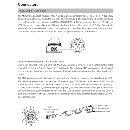 Ethernet Power Function Debugging Cable for DJI Livox Mid-360 LiDAR Sensor to Computer, 1 to 3 Splitter, M12 Aviation A-Coded 12 Pin Female Connector to RJ45 and Flying Leads, 50cm 50 cm 1-to-3 splitter cable