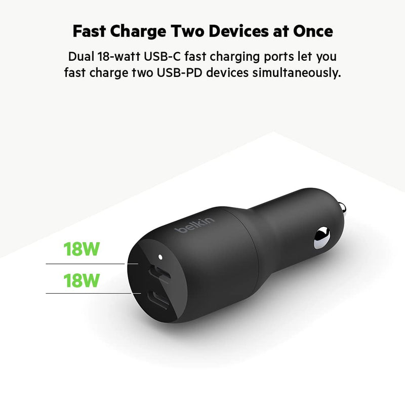 Belkin 36-Watt Dual-USB Car Charger - Power Delivery 2 18W USB-C Ports with PPS Charging Apple iPhone 14, 14 Pro, 14 Pro Max, iPhone 13, 13 Pro, 13 Pro Max Samsung Galaxy, AirPods - USB-C Charger | Two 18W USB-C Power Delivery ports, compatible with iP...