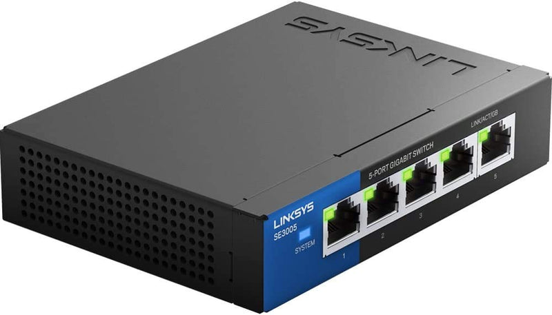 Linksys SE3005: 5-Port Gigabit Ethernet Unmanaged Switch, Computer Network, Auto-Sensing Ports Maximize Data Flow for up to 1,000 Mbps (Black, Blue) SE3005 - 5-Port
