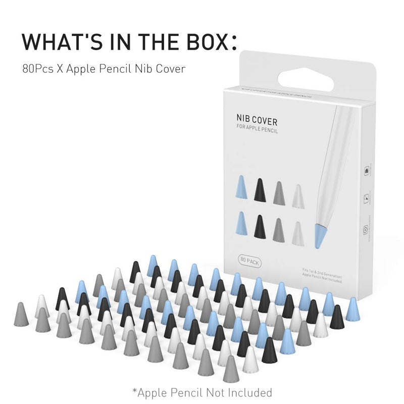 Delidigi 80 Pack Tips Cover for Apple Pencil 2nd Generation and 1st Gen Silicone Nibs Caps Writing Protection Accessories (Blue,Black,Grey,White,80Pack) Blue,Black,Grey,White