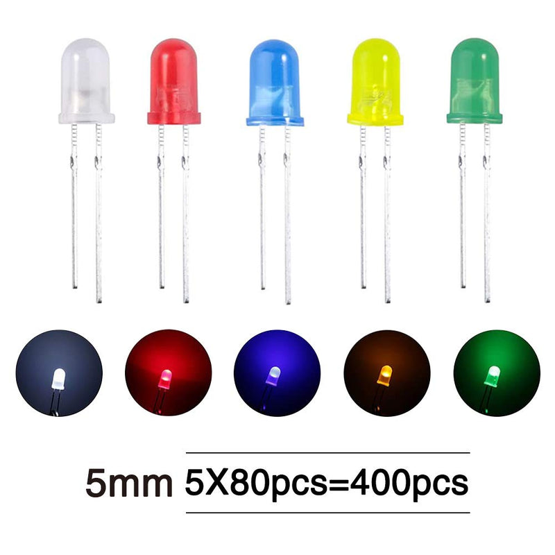 [AUSTRALIA] - YIXISI 400 Pieces 5 mm LED Light Emitting Diode Set, Round Head LED, 5 Colours (80 Pieces of Each Colour), White, Red, Yellow, Green, Blue 5mm-400 