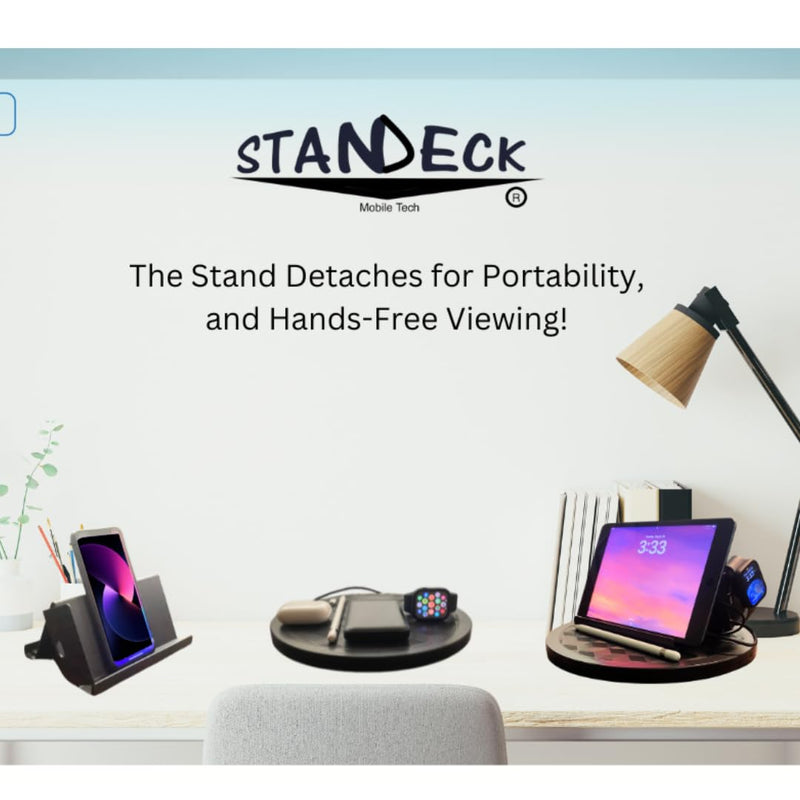 Mobile Cell Phone and Tablet Stand Holder with Audio Enhancement, Dual Docking, Non-Slip Base Pads. Mounts on Desk, Kitchen Counter, Nightstand or Bed. Buy The Stand Get The Turntable Free!