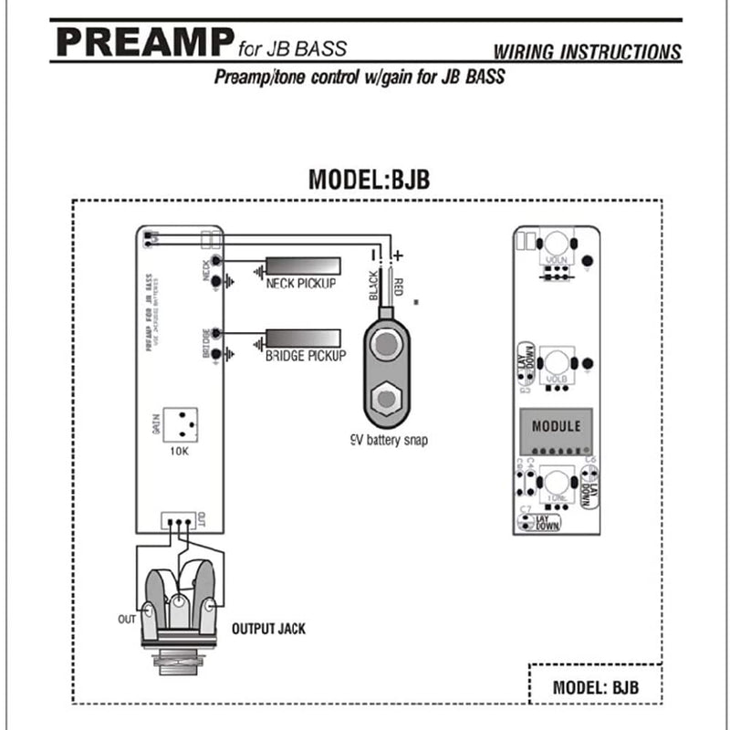 Kaynes JB jazz electric bass active electronic amplifier circuit Pickup Wiring Harness BJB Preamp with Gain