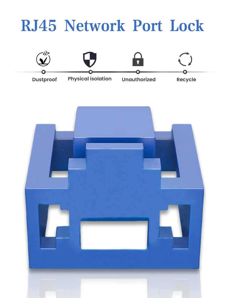 100Pcs RJ45 Port Lock with 10 Keys, ZoeRax Locking RJ45 Port/Dust Blocker, RJ45 Dust Cover Cap Female Port Plugs Protector (Blue) 100 Pack Blue