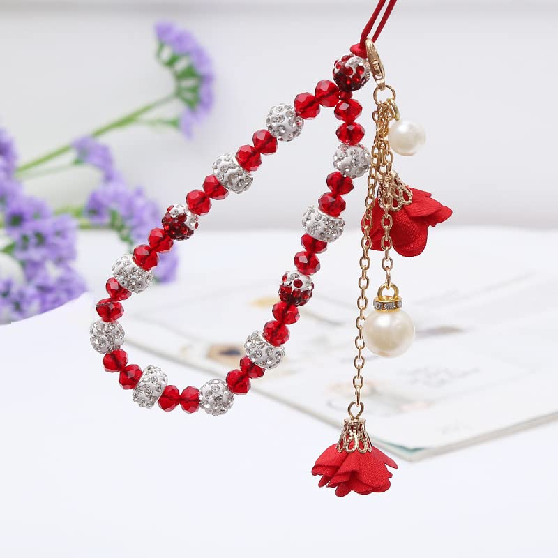 Fuqimanman2020 1-2 pieces of crystal flower mobile phone strap with female decorative pendant, cute car keychain red