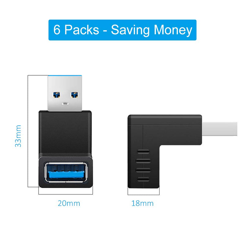 [6 Pack] ELUTENG USB 3.0 90 Degree Right Angle USB Extender Adapter Male to Female USB 3.0 Super Speed Connector UP Down / Left Right USB Extender Coupler Vertical L Shape for USB Devices
