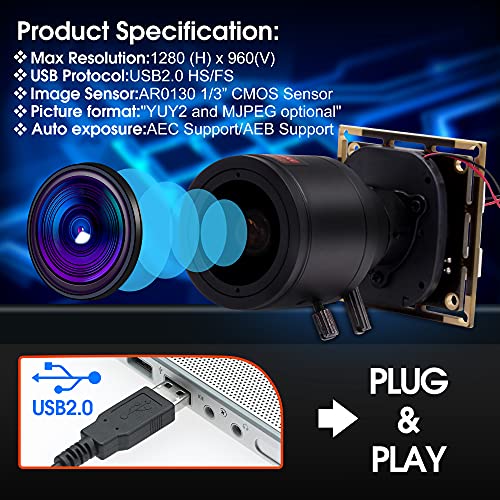 2.8-12mm 4X Manual Zoom USB Camera Module, 0.01lux Low Light, 960P 60FPS 2.8-12mm lens