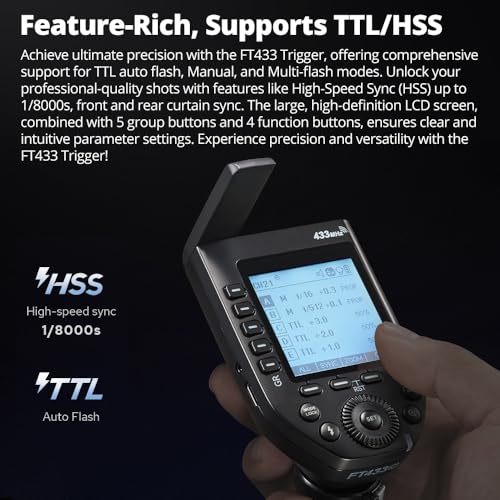 Godox FT433 S TTL Wireless Flash Trigger for Sony, 433MHz, HSS 1/8000s, 100m Range, LCD, 32 Ch, 1-99 ID, Front/Rear Curtain Sync, Bluetooth App Control, TCM, Single-Contact Rapid-Fire