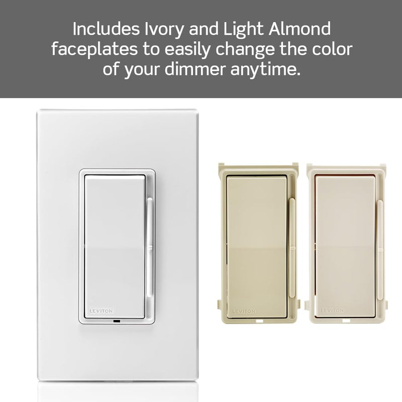 [AUSTRALIA] - Leviton Decora Slide Dimmer Switch for Dimmable LED, Halogen and Incandescent Bulbs, DSL06-1LZ, White with Ivory and Light Almond Faceplates 1 Pack 