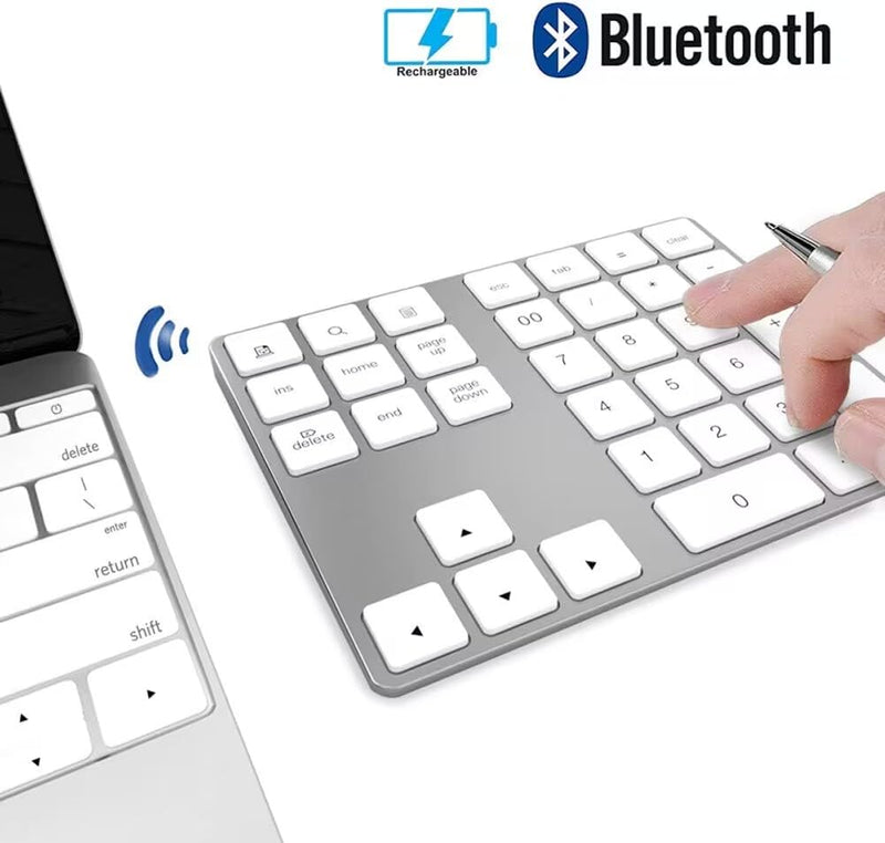 Bluetooth Number Pad, Rechargeable Wireless Numeric Keypad Slim 34-Keys Aluminum Number Keypad External Data Entry Compatible for Laptop Silver Regular 326 Bluetooth