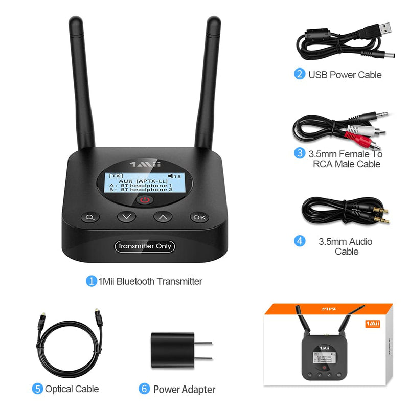 1Mii B06TX+ Long Range Bluetooth 5.2 Transmitter for TV/PC/Projector to 2 Wireless Headphones/Speakers, Bluetooth Adapter for TV w/Screen Display Plug n Play, aptX Low Latency & HD Audio B06TX+
