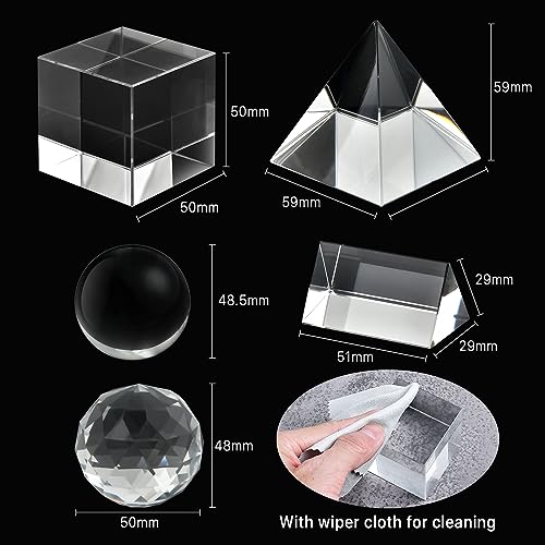 Supkiir 5 Pack K9 Optical Crystal Photography Prism Set with Crystal Ball Glass Triangular Prism Cube Lens Prism Ball and Optical Pyramid, Portable Rainbow Prism for Photos and Teaching Light Spectrum