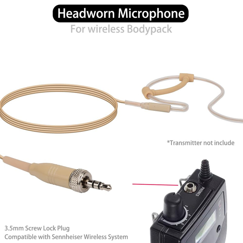 YXG Headworn Earset Over Ear Hanging Mic Beige Low Profile Light-Weight Microphone Compatible with Sennheiser Wireless System Bodypack Transmitter, with 3.5mm Female Screw Plug