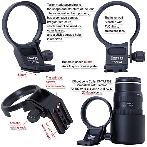 iShoot Lens Collar Tripod Mount Ring Compatible with Tamron 70-300 f/4.5-6.3 Di RXD III A047 Z Mount, Support Holder Bracket Arca Fit Quick Release Plate Dovetail for Arca-Swiss Type Clamp Stabilizer