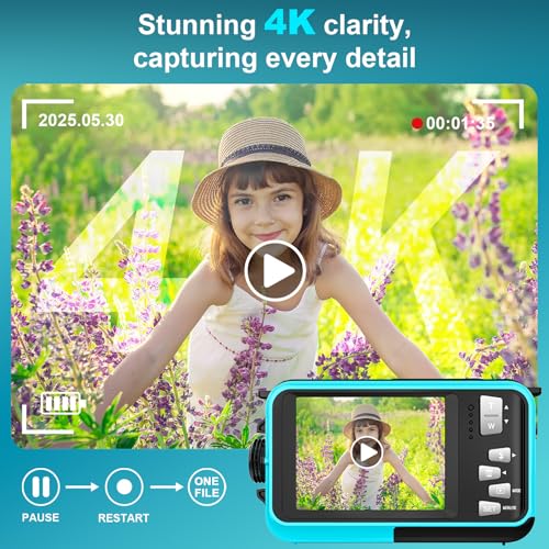4K 64MP Underwater Camera 16FT Compact Digital Waterproof Camera Floatable Blue