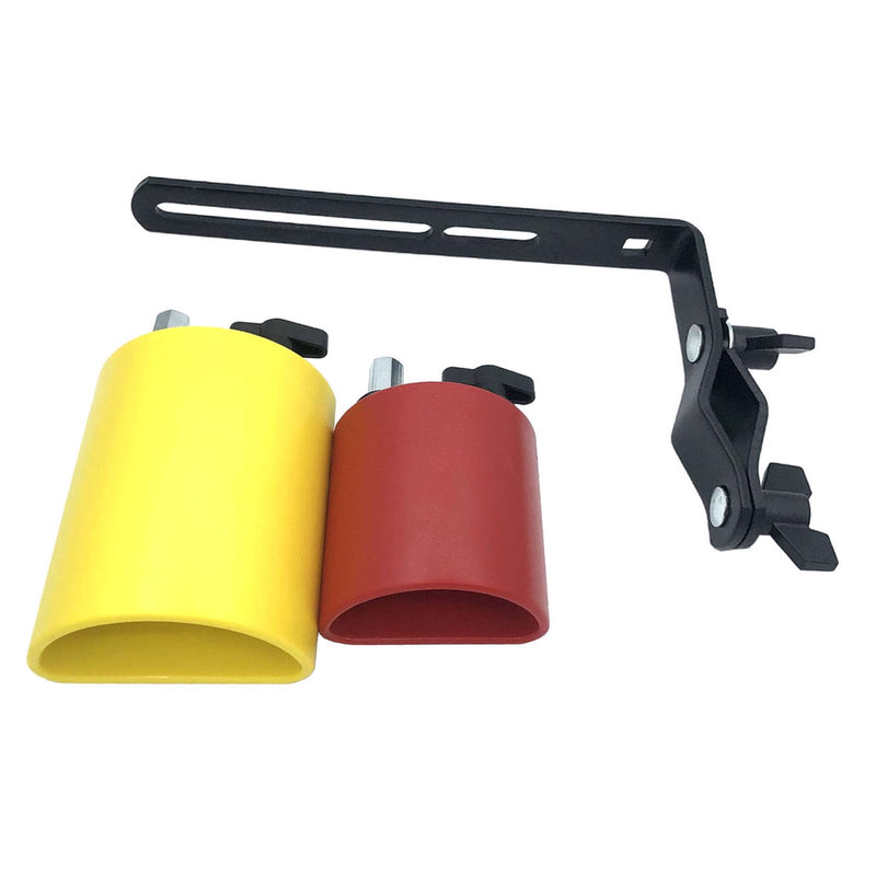 Plastic Percussion Cowbell with Clamping Mount Bracket Kit Include 3.27inch Red Jam Block, 4.4inch Yellow Jam Block and L Shape Percussion Mount Bracket for Drum Set Double Plastic Red-Yellow