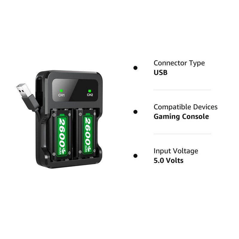Ukor Fast Charging 2x6200mWh(2x2600mAh) Rechargeable Battery Packs with Charger for Xbox One/Xbox Series X|S Xbox One S/Xbox One X/Xbox One Elite Wireless Controller, Lasting Intelligent Protection