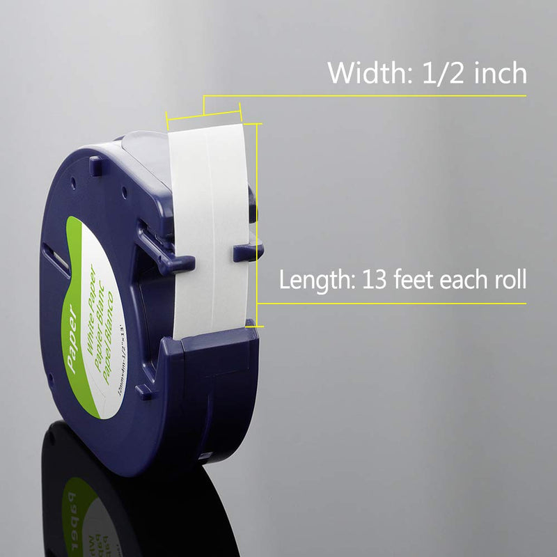 Aonomi Compatible Label Tape Replacement for DYMO Letratag Refills 91330 10697 Self-Adhesive Paper LT Tape for DYMO LetraTag Plus LT-100T LT-100H QX50 Label Maker, 1/2 Inch x 13 Feet (5 Pack) 5