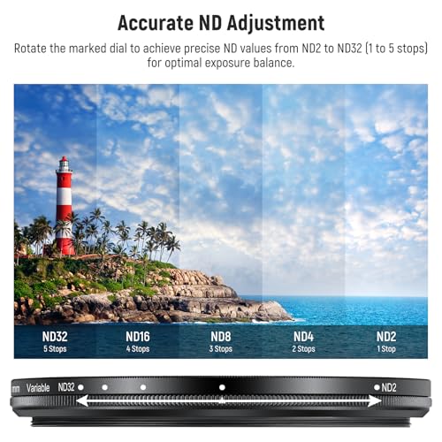 NEEWER 55mm Variable ND Filter with Lens Cap, Cleaning Cloth, ND2-32 (1-5 Stops) Precise Neutral Density Adjustment, Multicoated Optical Glass, Camera Photography Accessories ND2-ND32