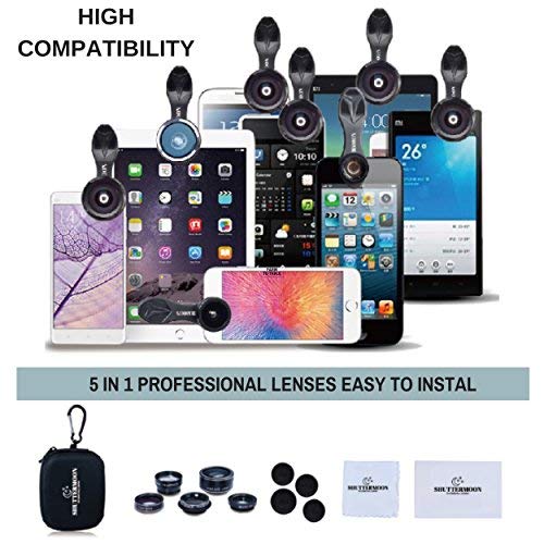 Upgraded Phone Camera Lens Kit (5 in 1) - Macro Lens+Super Wide Angle Lens+Telephoto Zoom Lens+198 Fisheye Lens+CPL for iPhone, Pixel, Samsung, Android, Smartphones 5 in 1