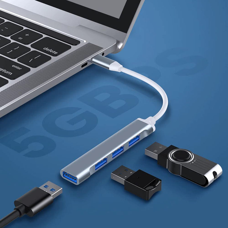 JacobsParts USB-C Type C to USB 3.0 4 Port Hub Splitter for MacBook Pro/Air, iPad, PC, Chromebook, Phone (Silver) Silver