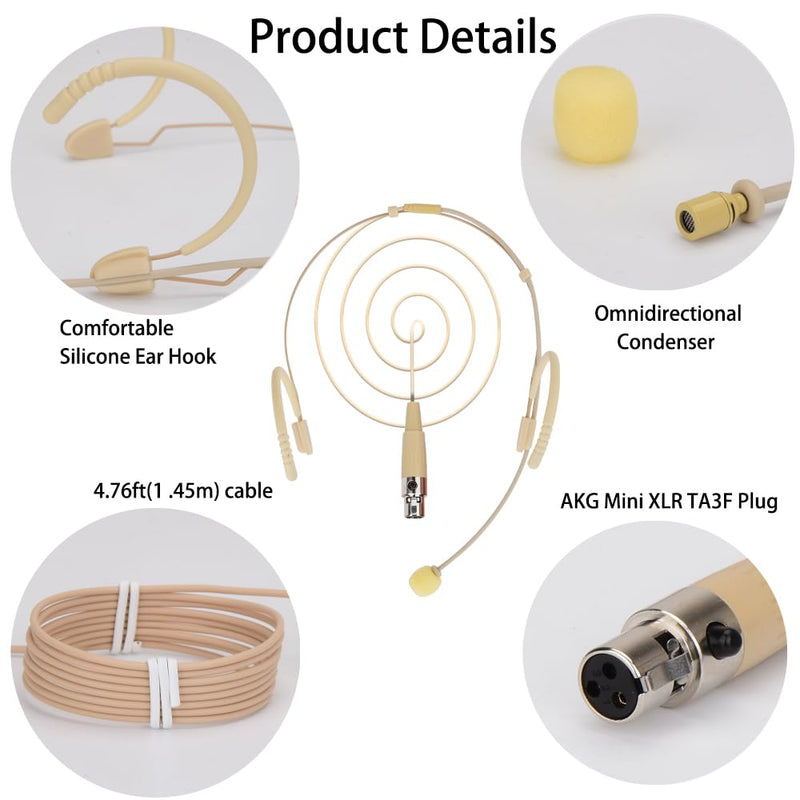 YXG Headworn Earset Over Ear Hanging Mic Beige Low Profile Light-Weight Microphone Compatible with AKG Wireless System Bodypack Transmitter,with 1.45m Cable Mini XLR Plug