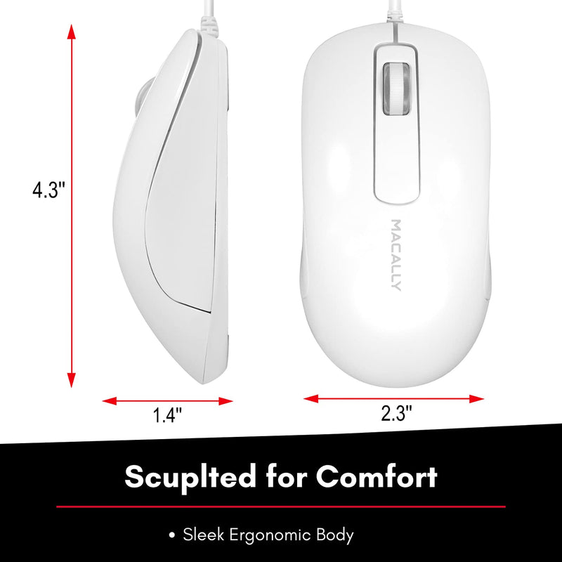 Macally USB Wired Computer Mouse for Mac and PC - Simple, Clean, and Effective - White Wired Mouse with 5ft Cable, 3 Buttons, and 1000 DPI Sensor - Plug and Play Wired Mice for Mac