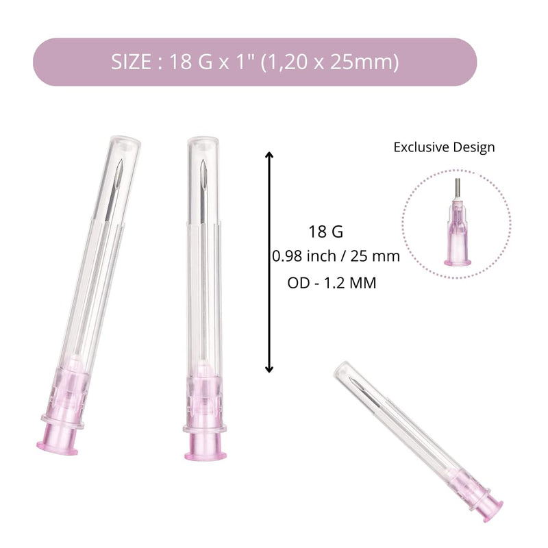 Pack of 100 18 g x 1 inch (25 mm) stainless steel dosing accessories for refill liquids, individually packed, refill tubes for industry, science laboratories, for hobby and DIY, multi-purpose 18G x 1 inch (25 mm)