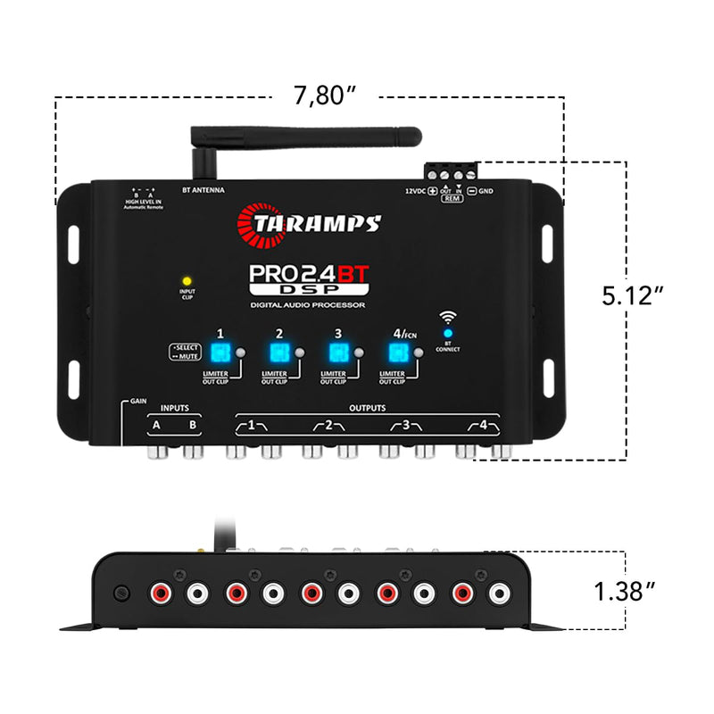 Taramps Pro 2.4 BT Bluetooth DSP Crossover Full, Digital Signal Processor, Car Audio Equalizer with App, Gain up to 9V, 15 Band Graphic Equalization, 12 preset EQ, 2 in and 4 Out, High Level Input