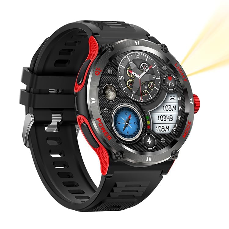 KT76 Outdoor Sport Smart Watch 1.53-inch HD Touch Screen 3ATM Waterproof Multifunction Smartwatch Ultra Powerful Flashlight Compass Heart & Health Monitoring Voice Assistant (Red) Red