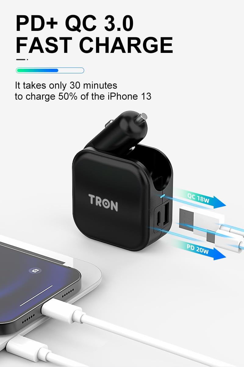 TRON Wall & Car Charger Travel Charging Station, 36W Dual USB-C & USB-A Fast Charger, Foldable for iPhone, iPad, Android, Earbuds – TR17