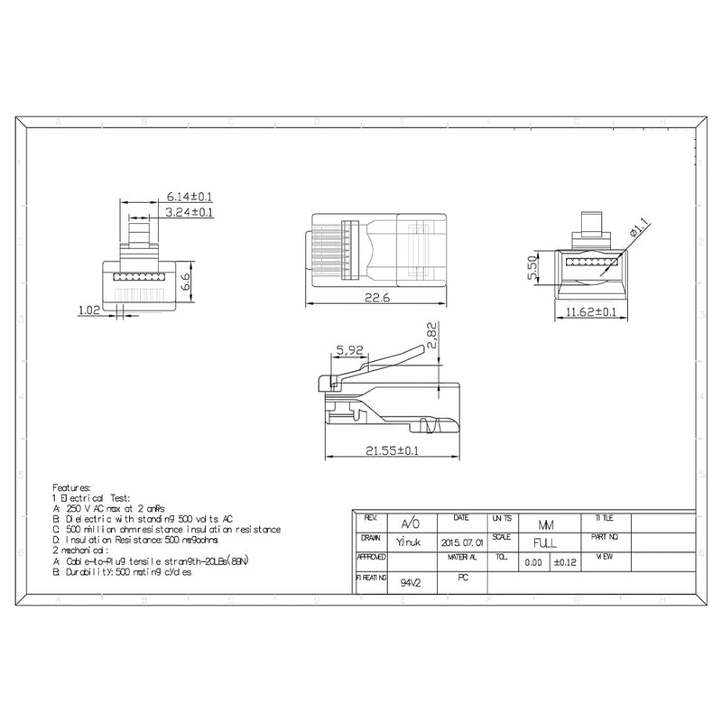 100-Pack RJ45 Cat6 Pass Through Connector RJ45 Modular Plugs for Solid or Stranded UTP Cable Unshielded 100-Pack