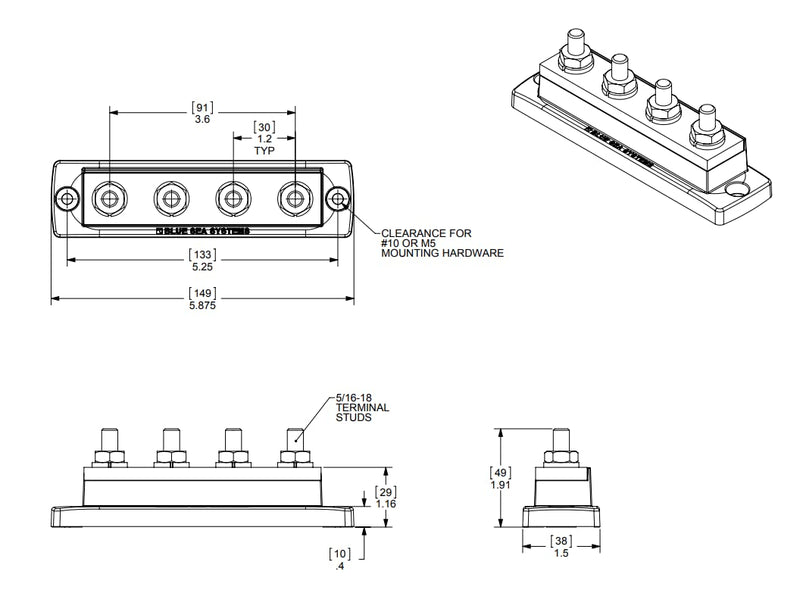 Blue Sea Systems 2127 250 Amp MaxiBus BusBar with 4 studs 250a, 4 Stud W/O Cvr