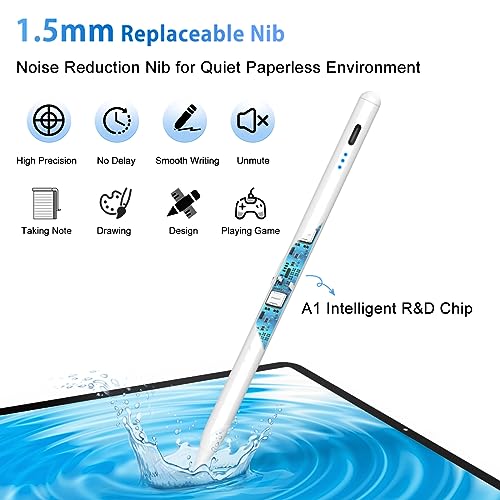 Stylus Pen for iPad, 5min Fast Charge Pencil for iPad/Pro/Air/Min 2018-2024, Pen for iPad with Tilt Sensitive& Palm Rejection& Magnetic for Professional Drawing, Writing, Working (White) WHITE