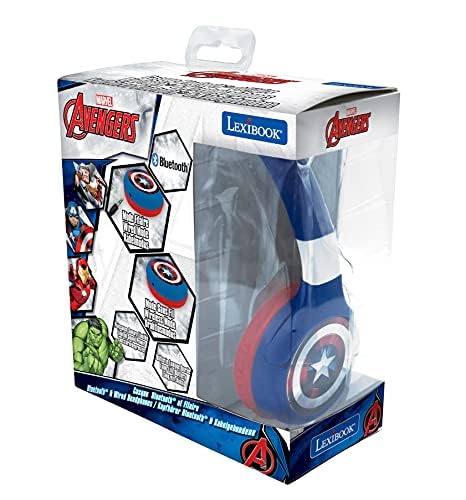 LEXiBOOK, Avengers Bluetooth Headphones, HPBT010AV | 2-in-1 Bluetooth & Wired, Kids safe, Foldable, Adjustable, Red/Blue