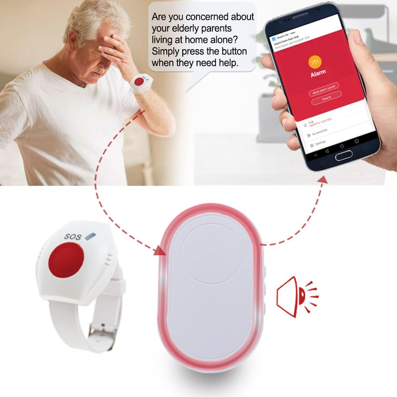 Topvico WiFi Caregiver Pager Call Button for Elderly, Senior Fall Alert Devices, Wireless Nurse Help SOS Panic Bracelet , Tuya Smart APP, Remote Patients Call System for Home, 5 Levels Volume 1 Button A + 1 Watch + 1 Receiver