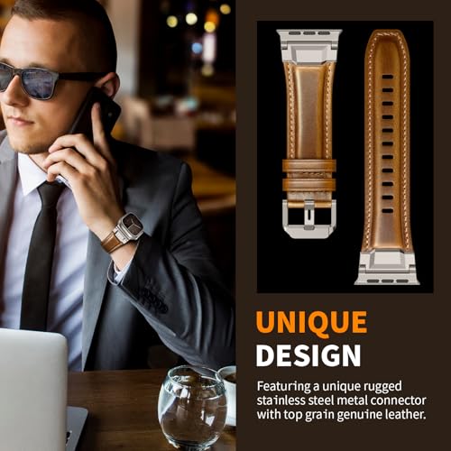 Leather Bands Compatible with Apple Watch Ultra 3/2/1 Band 49/46/45/44/42mm Men, Genuine Leather Metal Connector Strap for iWatch Ultra Series 11/10/9/8/7/SE/6/5/4, Black/Black+Brown/Titanium