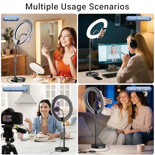Desk Ring Light with Magnetic Phone Holder, 10'' Video Conference Podcast Lighting Kit for Laptop Computer Monitor Zoom Call Streaming, 3 Color LED Halo Light with Adjustable Stand for Home Office 10inch