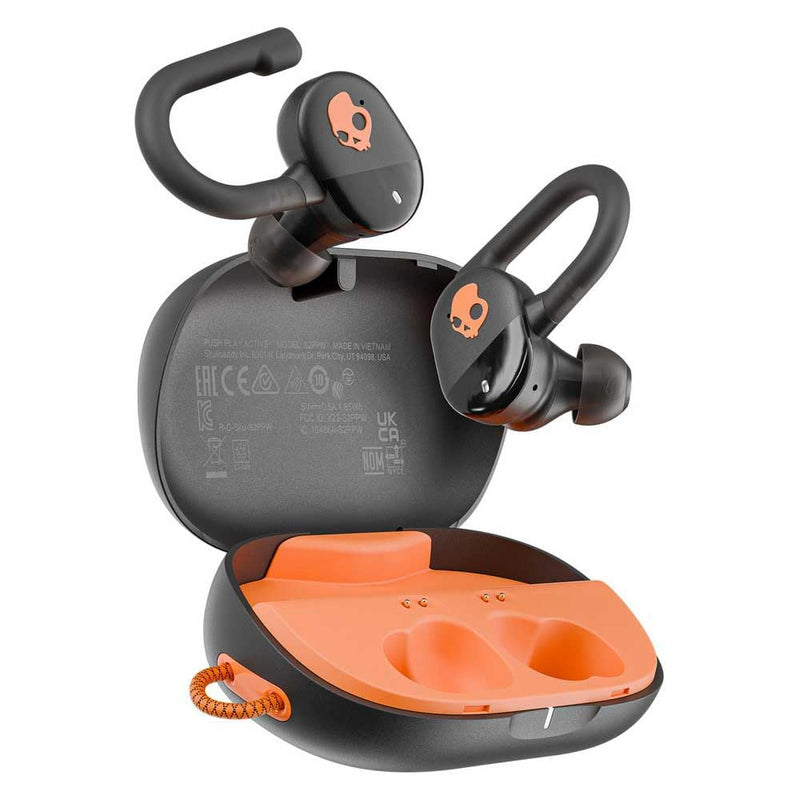 Skullcandy Push Play Active Wireless Earbuds - True Black/Orange | In-Ear Hanger, Bluetooth, Noise Isolating 58 Hours Battery, Sweat and Water Resistant, Microphone, Running Outdoors, Exercise One Size